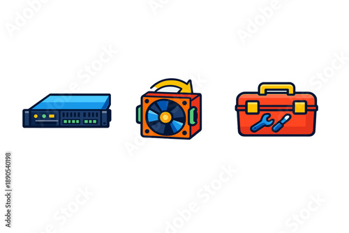 Various types of computer equipment including a server, a cooling fan, and a toolbox displayed together on a white background