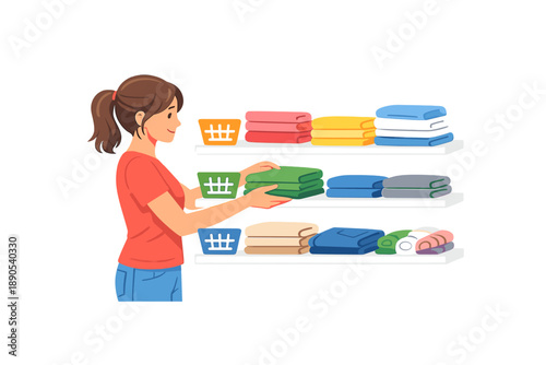Person organizes towels on shelves in a laundry room during the day, showing various colored towels neatly arranged