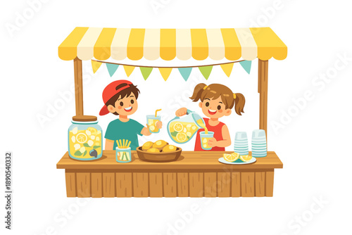 Kids sell lemonade at a stand during a sunny day in a neighborhood, inviting friends to enjoy the refreshing drink made with fresh lemons