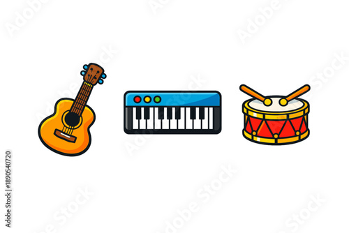 Musical instruments showing guitar, keyboard, and drum placed in a row on a simple background during the daytime