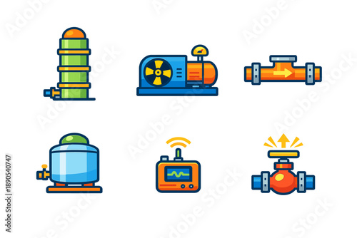 Icons of industrial equipment and machinery related to plumbing, processing, and energy found in manufacturing settings