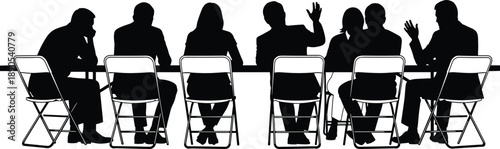 Silhouette of business people sitting at a conference table during a seminar meeting, corporate team group discussion in office workspace (21 words)