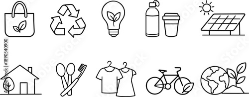 Collection of eco-friendly lifestyle icons representing sustainability and green living choices