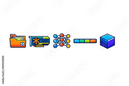 Visual representation of data processing and AI concepts showing files, graphics card, neural network, and data output in a creative design