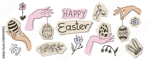 Set of Easter elements on torn scrap paper for holiday collage, scrapbooking or journaling. Hand drawn eggs, Easter bunny ears and flowers. Women's hands holding and hanging decorated eggs.