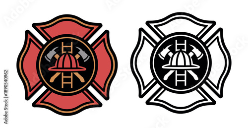 Firefighter badges featuring a Maltese cross emblem with crossed axes and helmet graphic, shown in color and outline versions for design use.