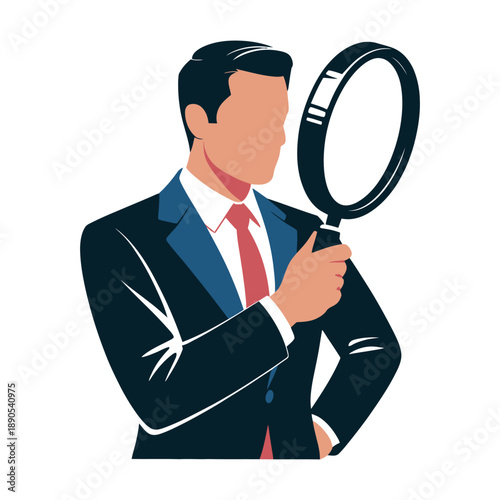 Silhouette of a sharply dressed businessman holding a large magnifying glass near his face while looking intently to the side for hidden details.