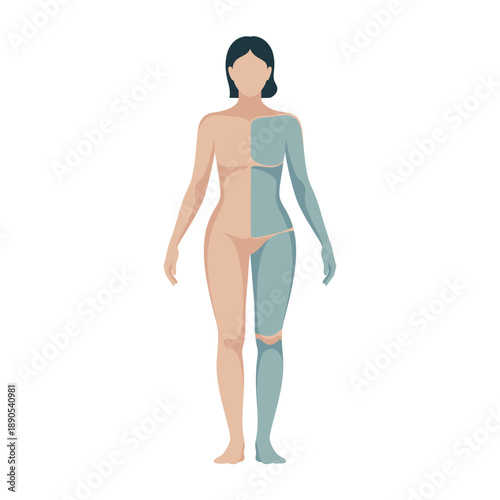 A stylized female figure displaying half the body in natural skin tone and the other half shaded teal blue, indicating a medical representation of physical imbalance or injury.