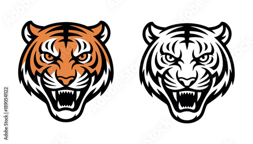 Fierce tiger head illustration showcases an orange and black detailed depiction next to a simplified black and white outline version for teams.