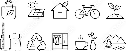 Collection of eco-friendly lifestyle icons representing sustainability and green living choices