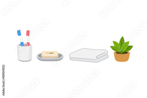 Items found in a bathroom setting include toothbrushes, soap, towels, and a plant, arranged neatly on a surface