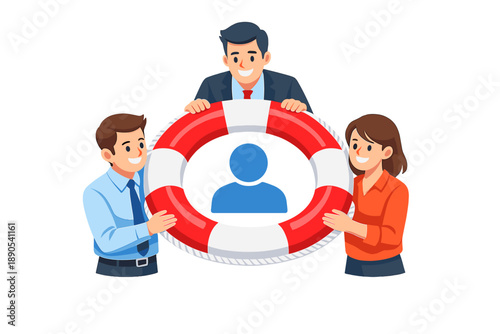 Business team holds a lifebuoy to symbolize support and safety during a work meeting in an office space