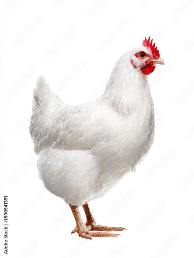 Fototapeta premium A beautiful white chicken stands proudly. This image showcases the elegance of poultry. Perfect for farm themes or food-related design projects. Capture the essence of rural life. AI