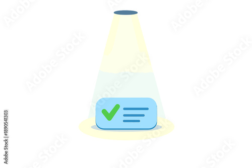 Spotlight on a check mark symbol above a card with text under bright light showcasing the importance of confirmation in a simple graphic setting