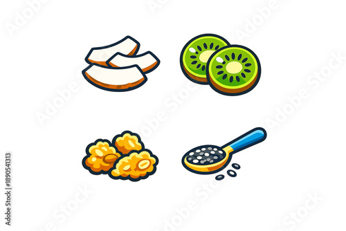 Slices of coconut and kiwi with golden popcorn and a spoonful of chia seeds arranged on a simple background