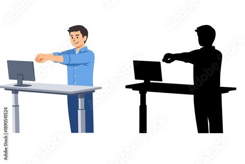 Man stretches arms while standing at desk in office space during work hours for health and fitness routine practice