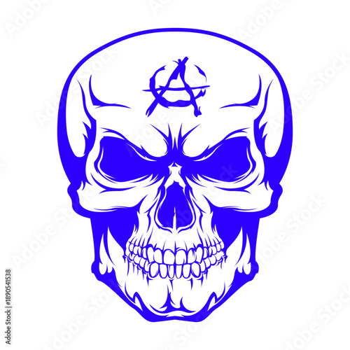 Black and white illustration of a human skull facing forward with detailed bone structure and empty eye sockets against a solid dark background