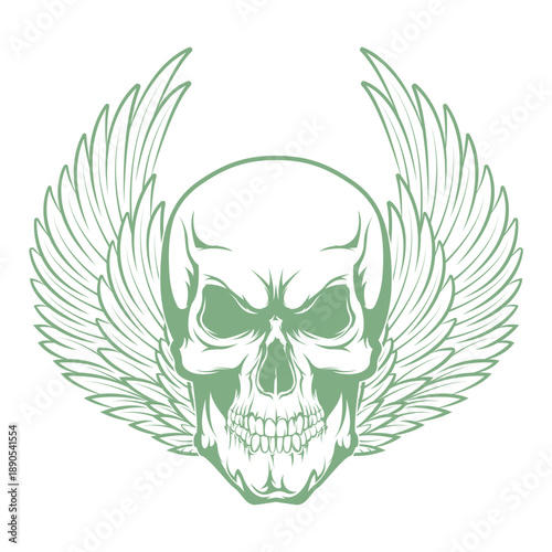 Black and white illustration of a human skull facing forward with detailed bone structure and empty eye sockets against a solid dark background