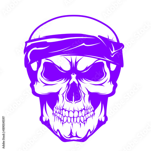 Black and white illustration of a human skull facing forward with detailed bone structure and empty eye sockets against a solid dark background