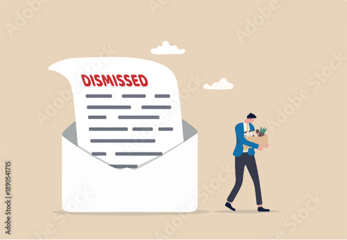Layoff email sending to employee to inform job dismissed or fired, end career or staff layoff due to economic recession concept, unemployed businessman walk away from dismissed email with his stuff.