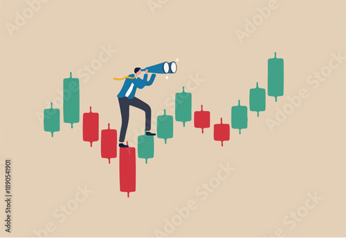 Investment forecast or prediction, vision to see investing opportunity, future profit from stock and crypto trading concept, businessman investor look on spyglass on trading candlestick chart.