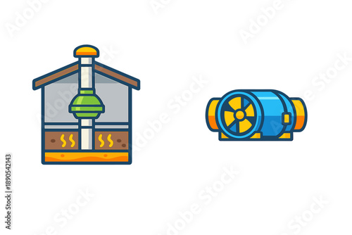 Designs of a chimney and a fan show home heating and ventilation systems during a winter season in an indoor setting, focusing on comfort and air flow