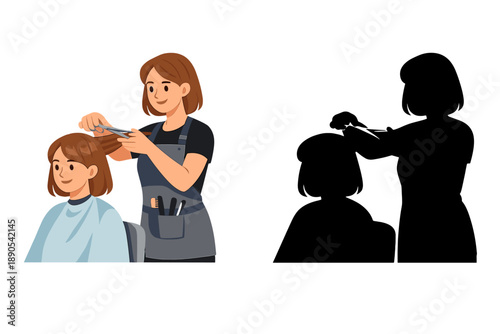 Woman cuts hair for another woman in a salon setting during daytime with a shadow of the stylist behind them