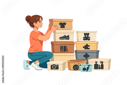 Organizing boxes with items in a living room while sorting through belongings and preparing for storage in the afternoon