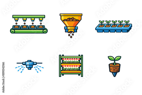 Various tools and equipment for planting and growing plants in a structured environment at a garden center or a farm