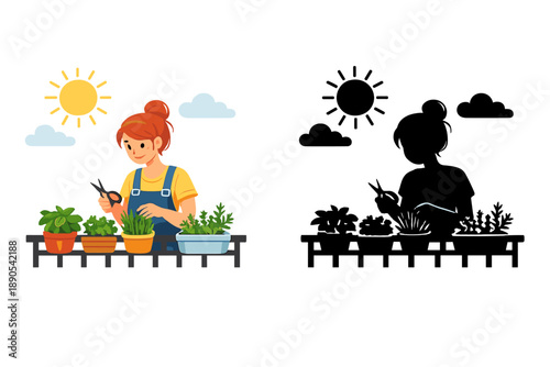 Gardening activity taking place under sunlight with a person tending to plants and herbs outdoors during the day
