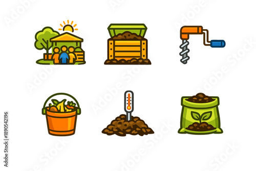 People gather near a gazebo while a compost bin is being filled at a community garden during the day with tools and soil visible in the scene