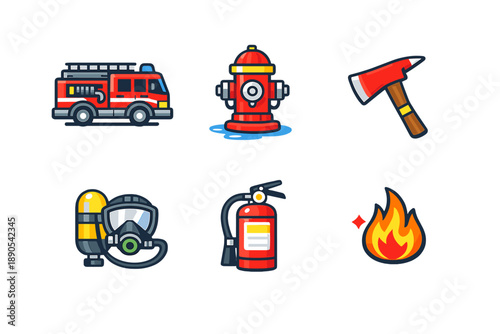 Fire safety equipment and symbols including a fire truck, hydrant, axe, breathing apparatus, fire extinguisher, and flames