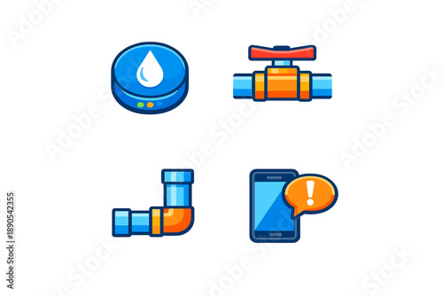 Water management tools shown together with a detector, valve, pipe, and mobile phone alert system for monitoring leaks in homes or buildings