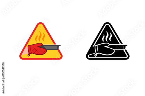 Warning sign showing hot oven mitt and tray with flames in red and black colors on white background, useful for kitchens and cooking areas to indicate heat