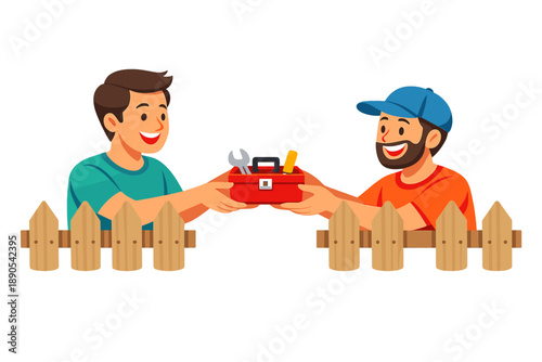 Two men share a toolbox across a wooden fence while smiling and engaging in friendly conversation during a sunny day