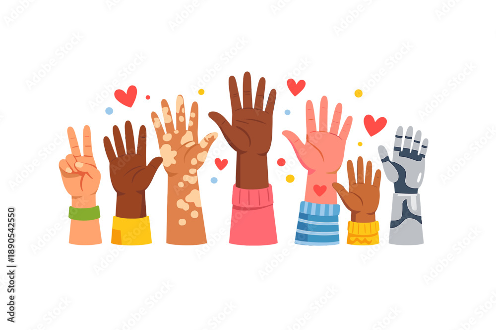 Fototapeta premium Hands raised in celebration with diverse colors and textures showing unity and inclusion at a community event