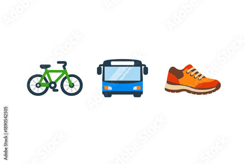 Different modes of transportation include a bicycle, a bus, and a pair of shoes for walking, showing options for getting around a city or town