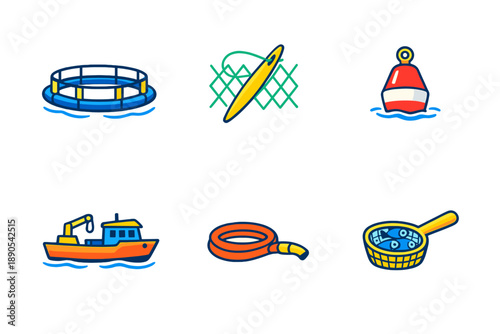 Objects commonly found in marine environments including a fishing boat, buoy, net, and various tools for fishing and water activities