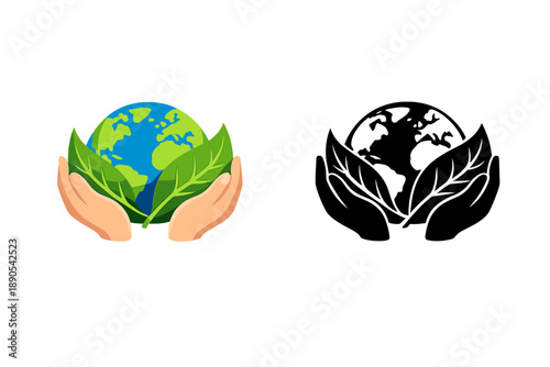 Hands support a globe surrounded by leaves showing care for the environment in colorful and monochrome styles