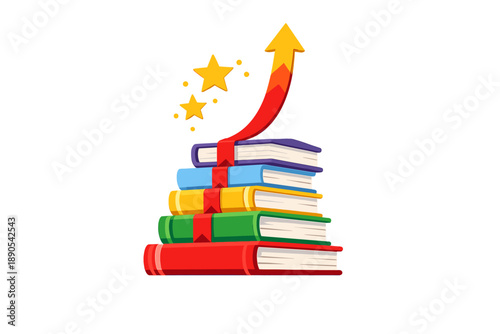 Books stacked with upward arrow and stars representing growth in knowledge and learning habits in a colorful style