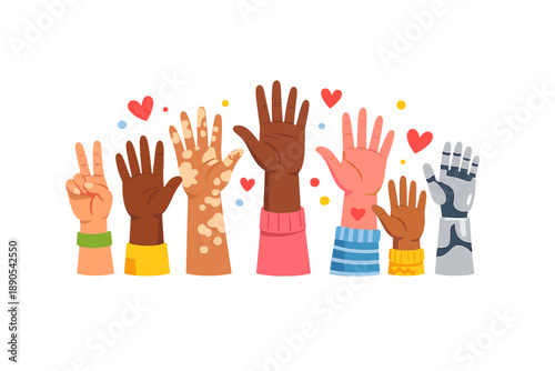 Hands raised in celebration with diverse colors and textures showing unity and inclusion at a community event