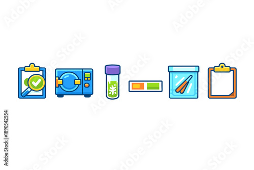 Different steps of the laboratory process shown through icons with tools for testing and analyzing samples in a lab environment