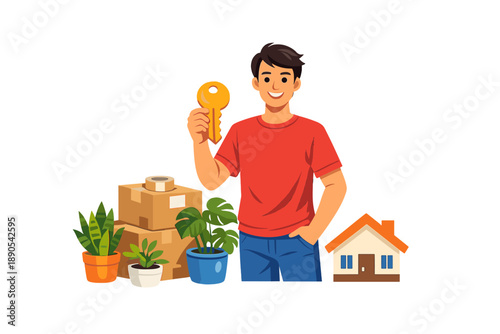 New home owner stands with a key surrounded by plants and boxes in a simple setting after moving in during the day
