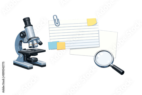 Microscope and study materials for science projects set up on a clean workspace at a table during daytime hours