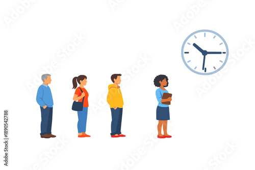 Waiting in line at a service point while looking at a clock during the day in a busy urban setting