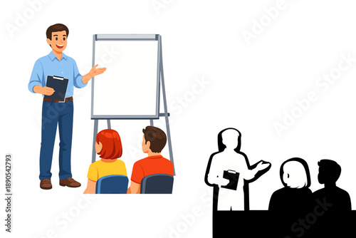 Man gives a presentation to a small group of people seated while standing beside a blank flip chart during a training session in a classroom