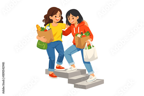 Two friends carry groceries while going up the stairs in a neighborhood during sunny weather in the afternoon