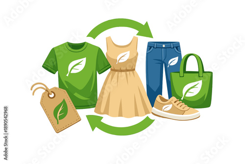 Clothing setup shows a cycle of sustainable fashion including shirts, dresses, jeans, bags and shoes all with leaf details