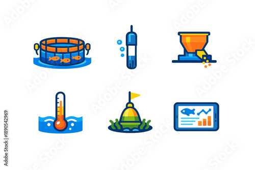 Fish farming tools show various aspects of aquaculture including fish tanks, temperature gauges, and feeding systems in a simple layout