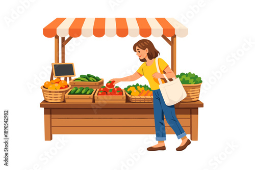 Woman shops for fresh vegetables and fruits at market stand in summer afternoon in a busy local area filled with colorful produce and friendly vendors